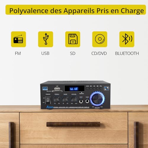 PROZOR Amplificateur Bluetooth 5.0 40W+40W pour Karaoké à la Maison avec Contrôle des Basses et Télécommande