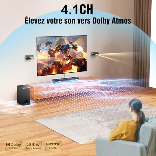 Hiwill 41 Dolby Atmos Barre de Son 300W Smart TV, Hiwill A41 Barre de Son Surround Avant 2 Enceintes Basses Réglables