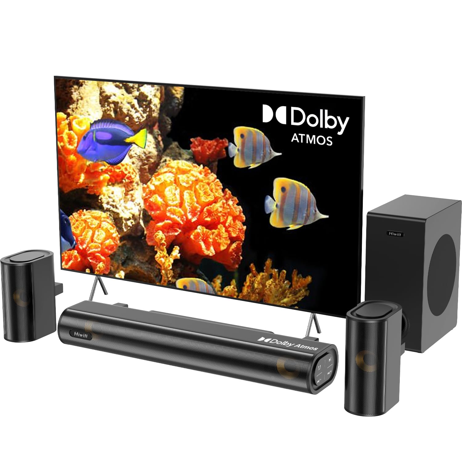 Hiwill 41 Dolby Atmos Barre de Son 300W Smart TV, Hiwill A41 Barre de Son Surround Avant 2 Enceintes Basses Réglables